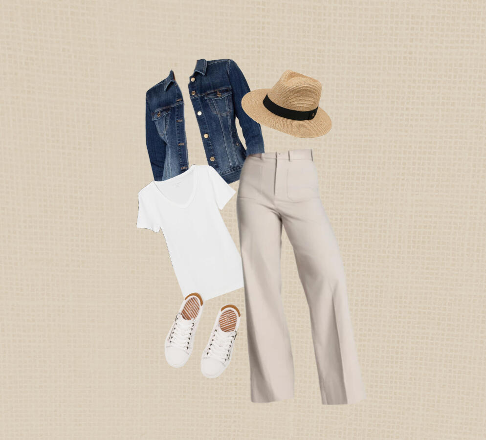 Spring Summer Edit A simple wardrobe edit with wide-leg trousers, a white t-shirt, and a classic denim jacket arranged on a neutral linen background.