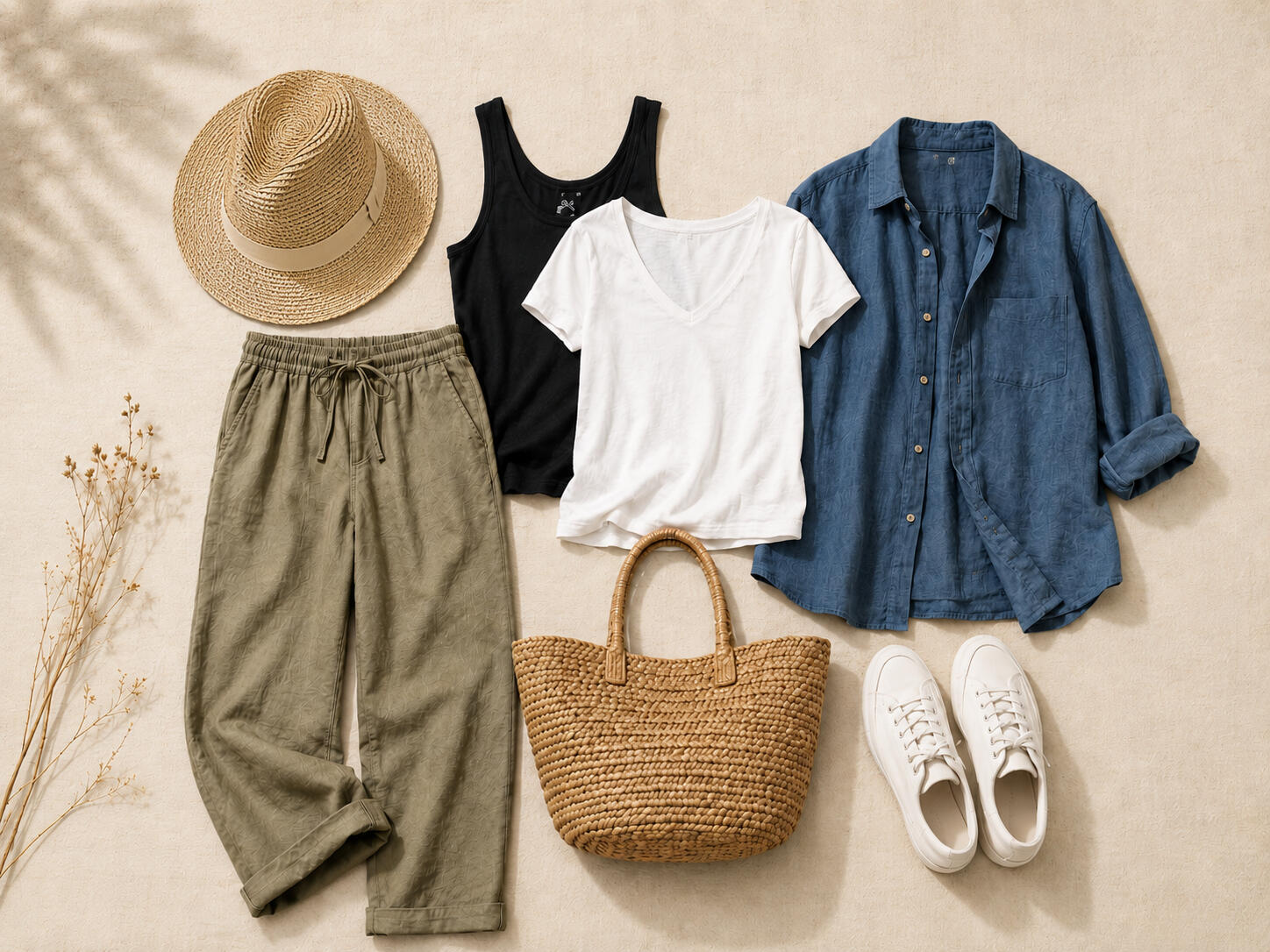 A simple wardrobe edit with a straw fedora hat, trousers, a white t-shirt, and a classic denim arranged on a neutral linen background.