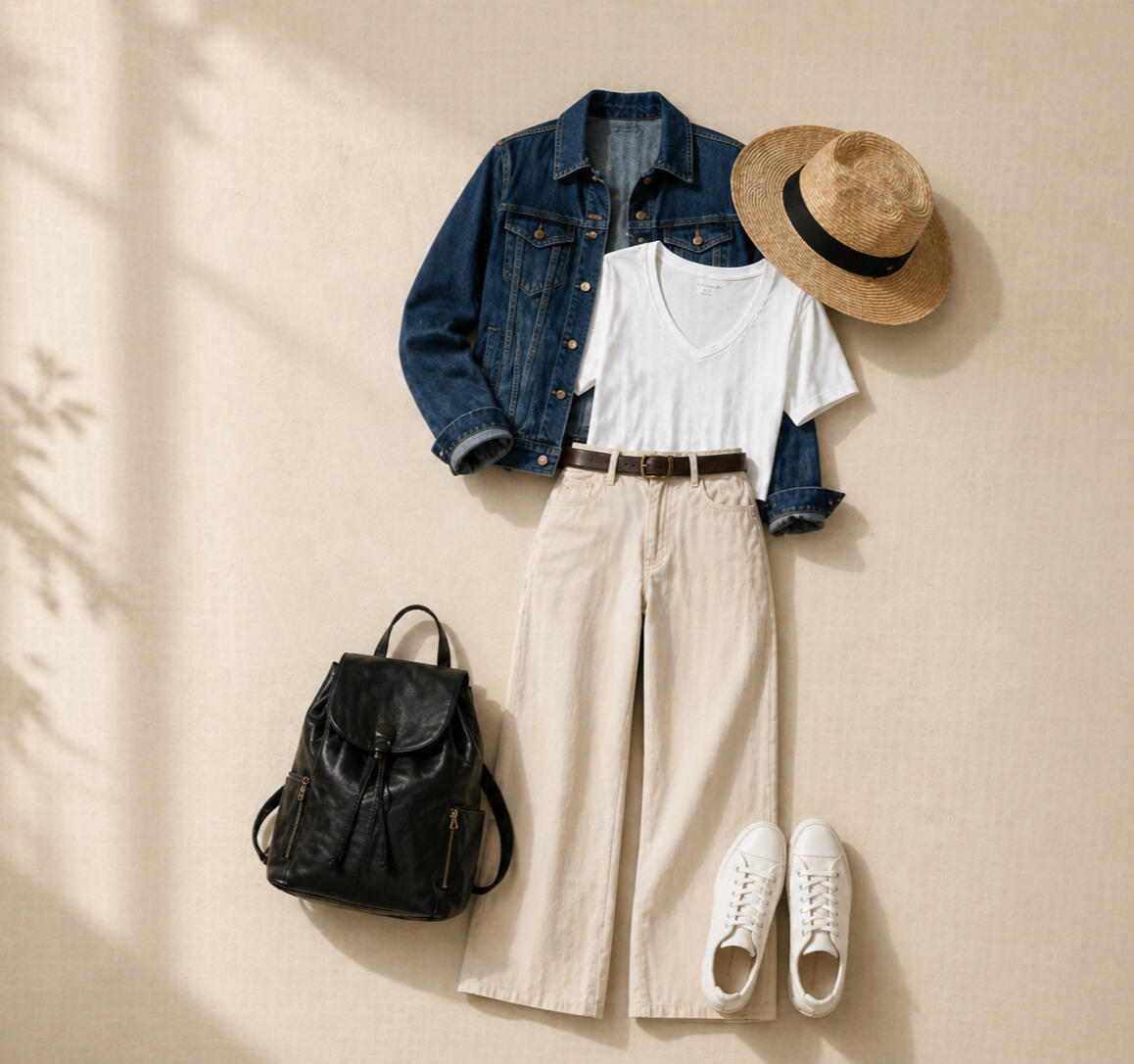 Spring Summer Edit A simple wardrobe edit with wide-leg trousers, a white t-shirt, and a classic denim jacket arranged on a neutral linen background.