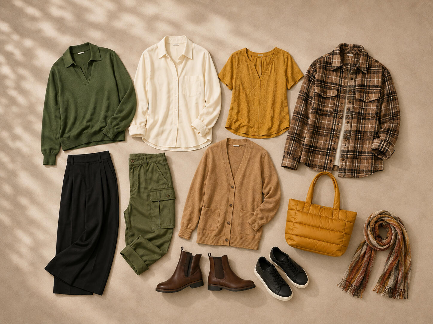 Autumn Edit A simple wardrobe edit with a warm neutral tops and trousers arranged on a neutral linen background.